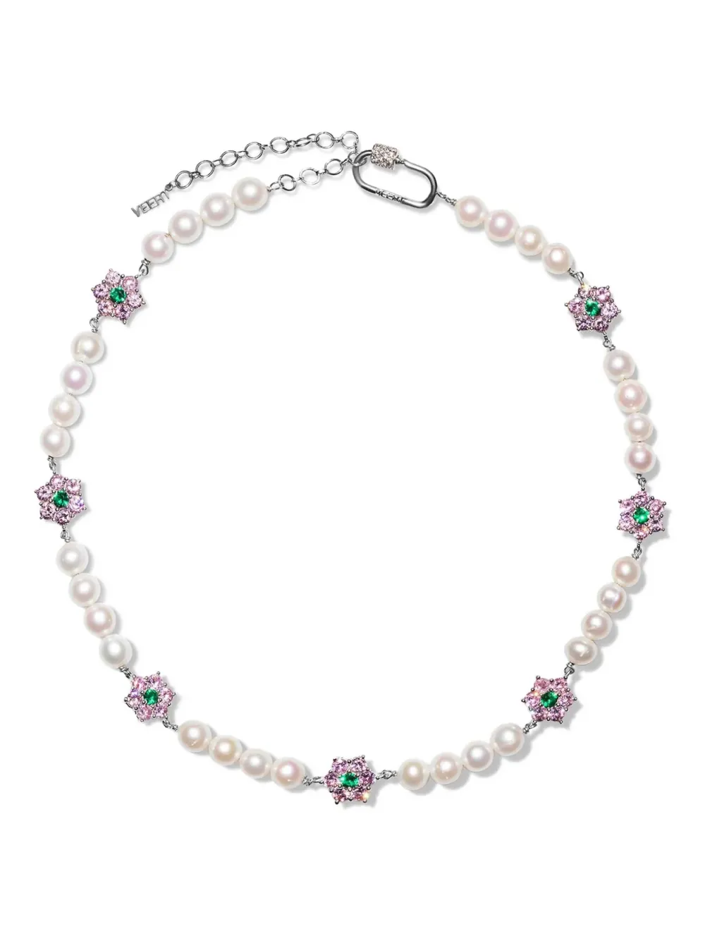 VEERT 18K white gold Pink & Green Flower Stone freshwater pearl necklace | Silver | Image 1