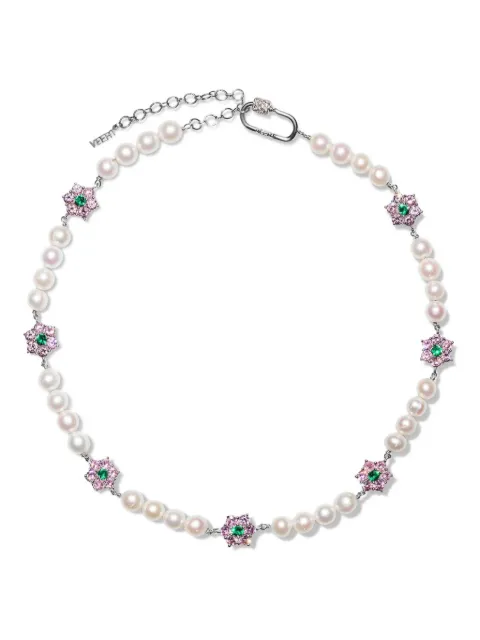 VEERT collar Pink & Green Flower Stone en oro blanco de 18kt con perlas de agua dulce