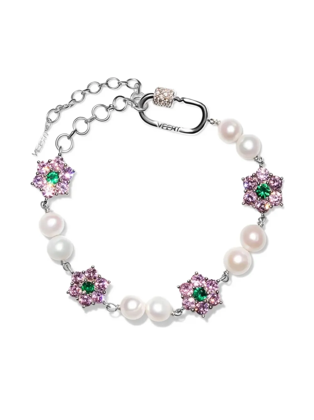 VEERT 18K white gold Macro Pink & Green Flower stone freshwater pearl bracelet | Silver | Image 1