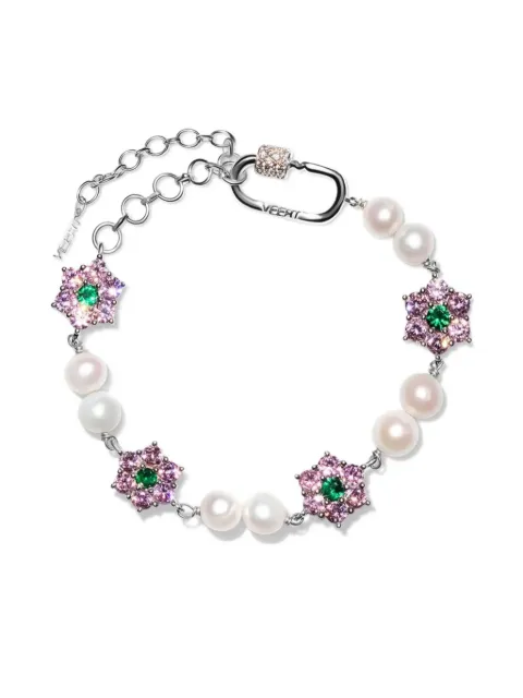 VEERT pulsera Macro Pink & Green Flower en oro blanco de 18kt con perlas de agua dulce
