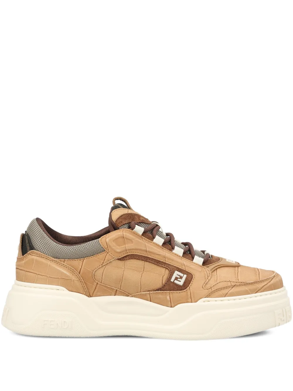Fendi Crocodile-print Leather Force Sneakers Shoes In Brown