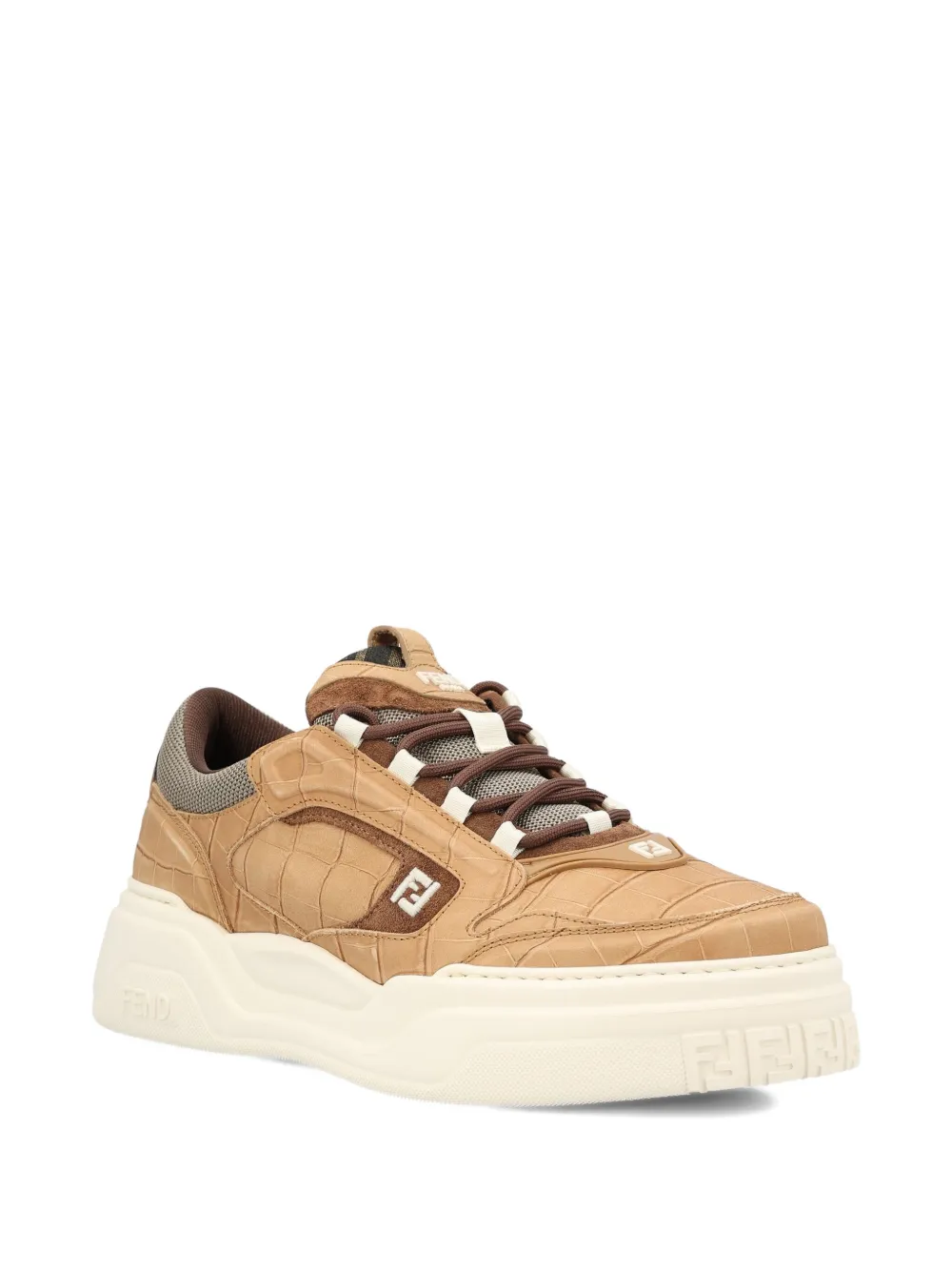 Fendi Crocodile-print Leather Force Sneakers Shoes In Brown