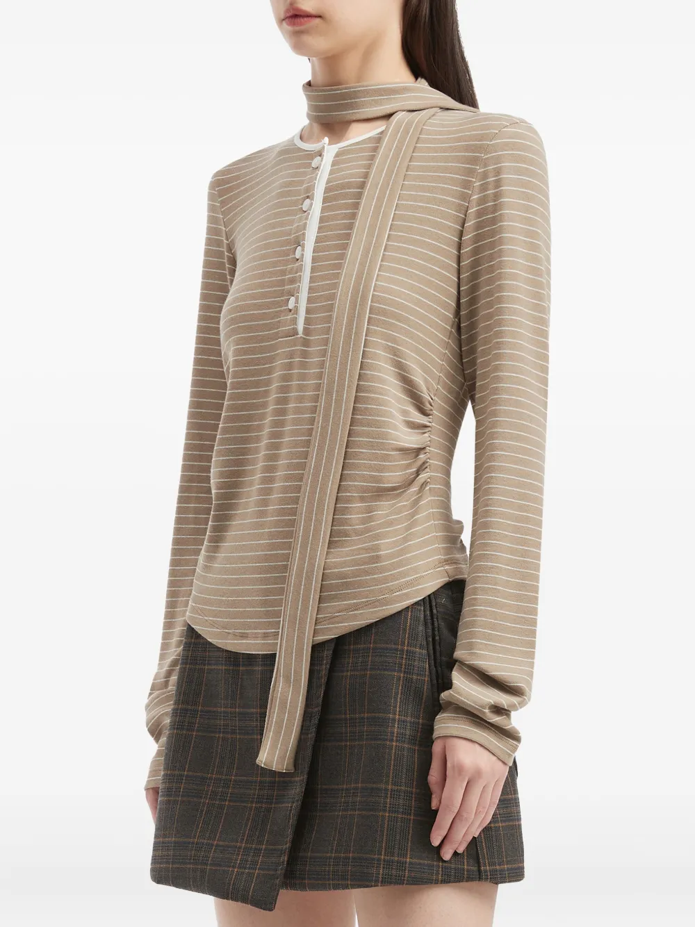 B+ab Striped Tie-neck Top In Brown