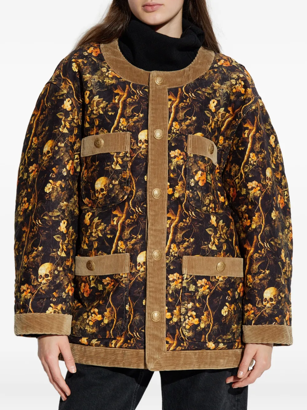 R13 Jack met doodskopprint en bloemenprint Bruin