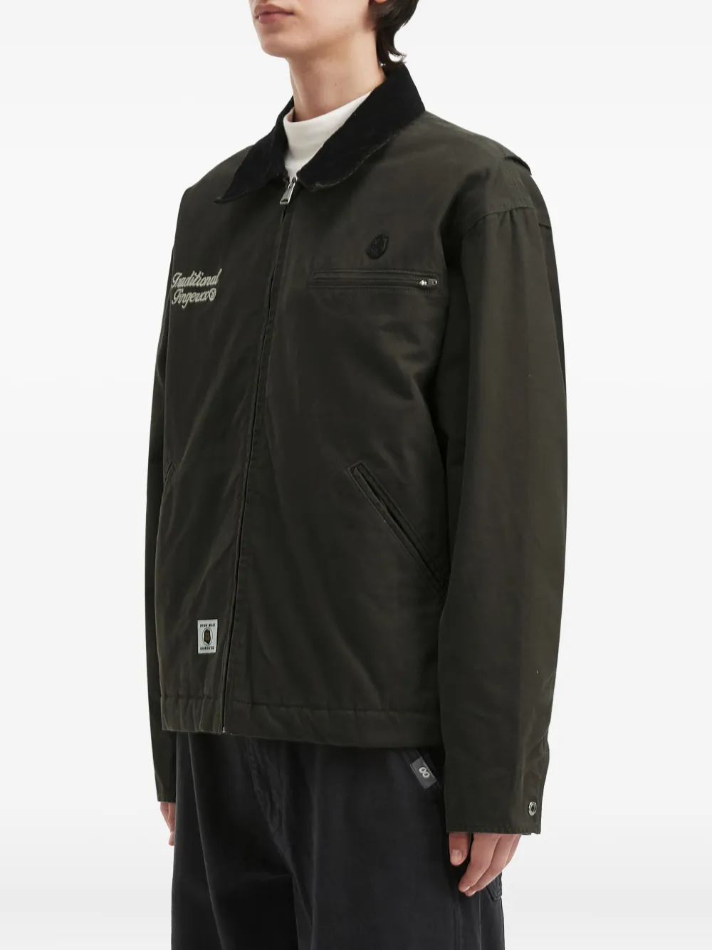 Fingercroxx Corduroy-collar Zip-up Jacket In Green