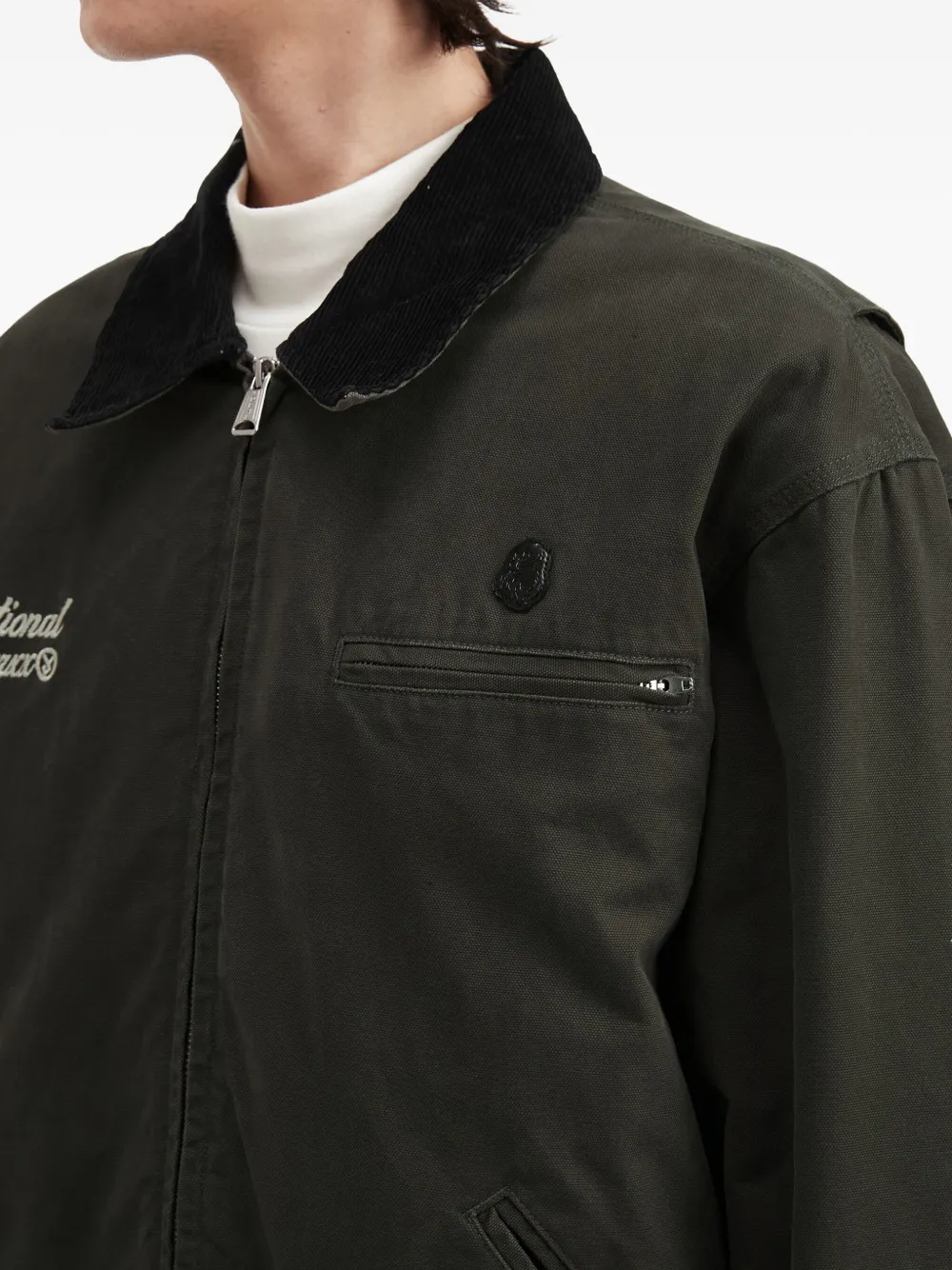 Fingercroxx Corduroy-collar Zip-up Jacket In Green