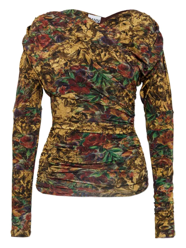 Ganni Floral Long-sleeve Top in Neutrals