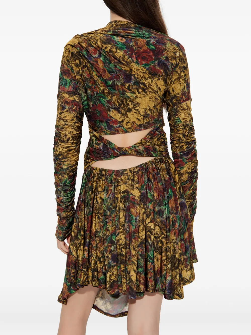 GANNI Midi-jurk met bloemenprint en ruches Geel