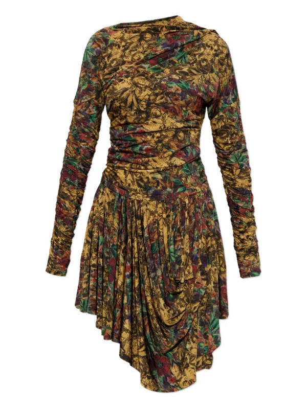 Ganni Floral Print Ruched Midi Dress - Yellow