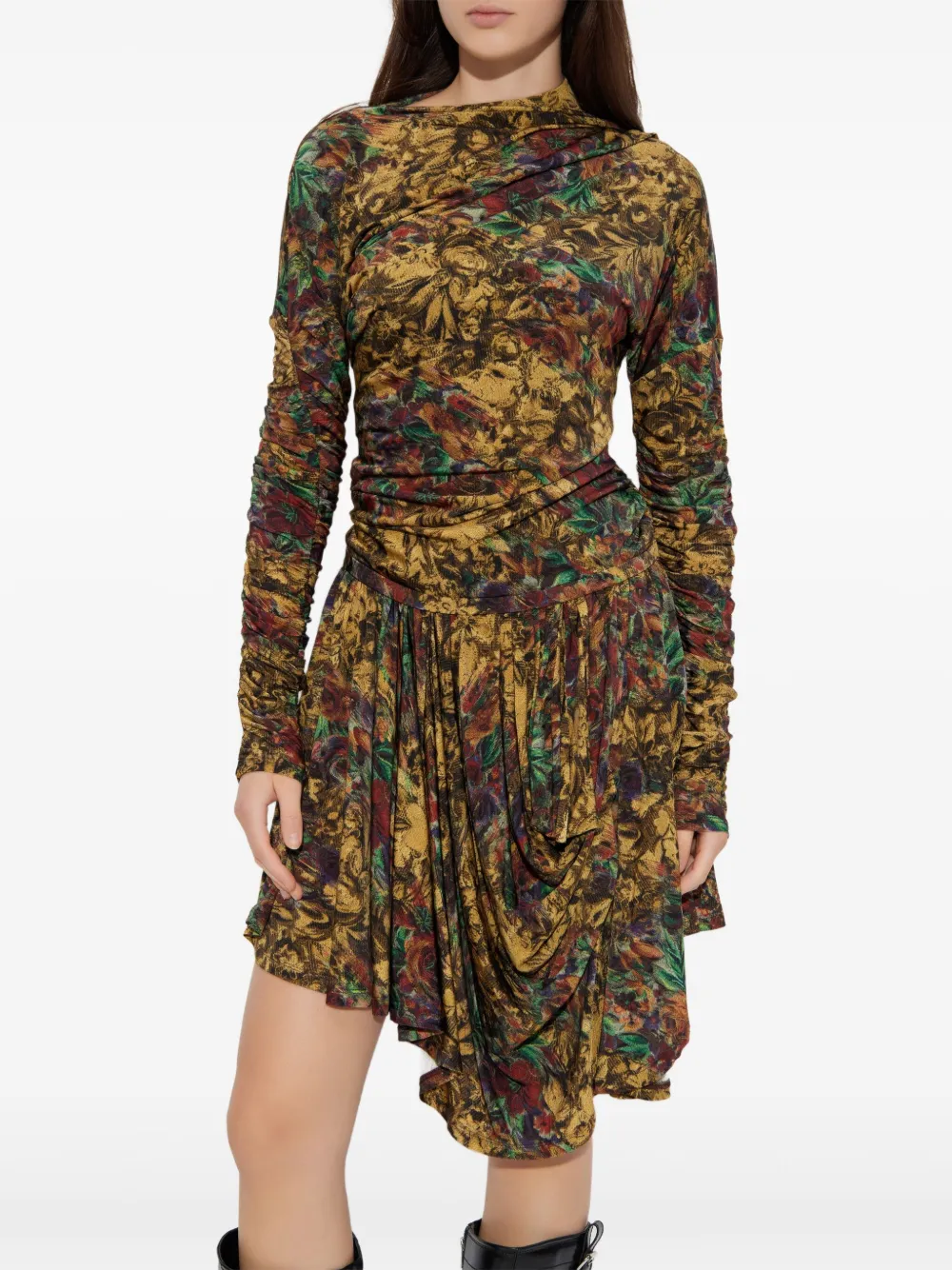 GANNI ruched floral midi dress - Geel