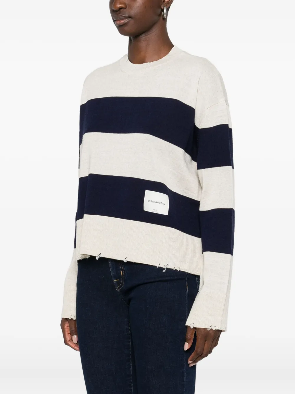 Laboratorio Capri Striped Frayed Knitted Sweater In Neutral