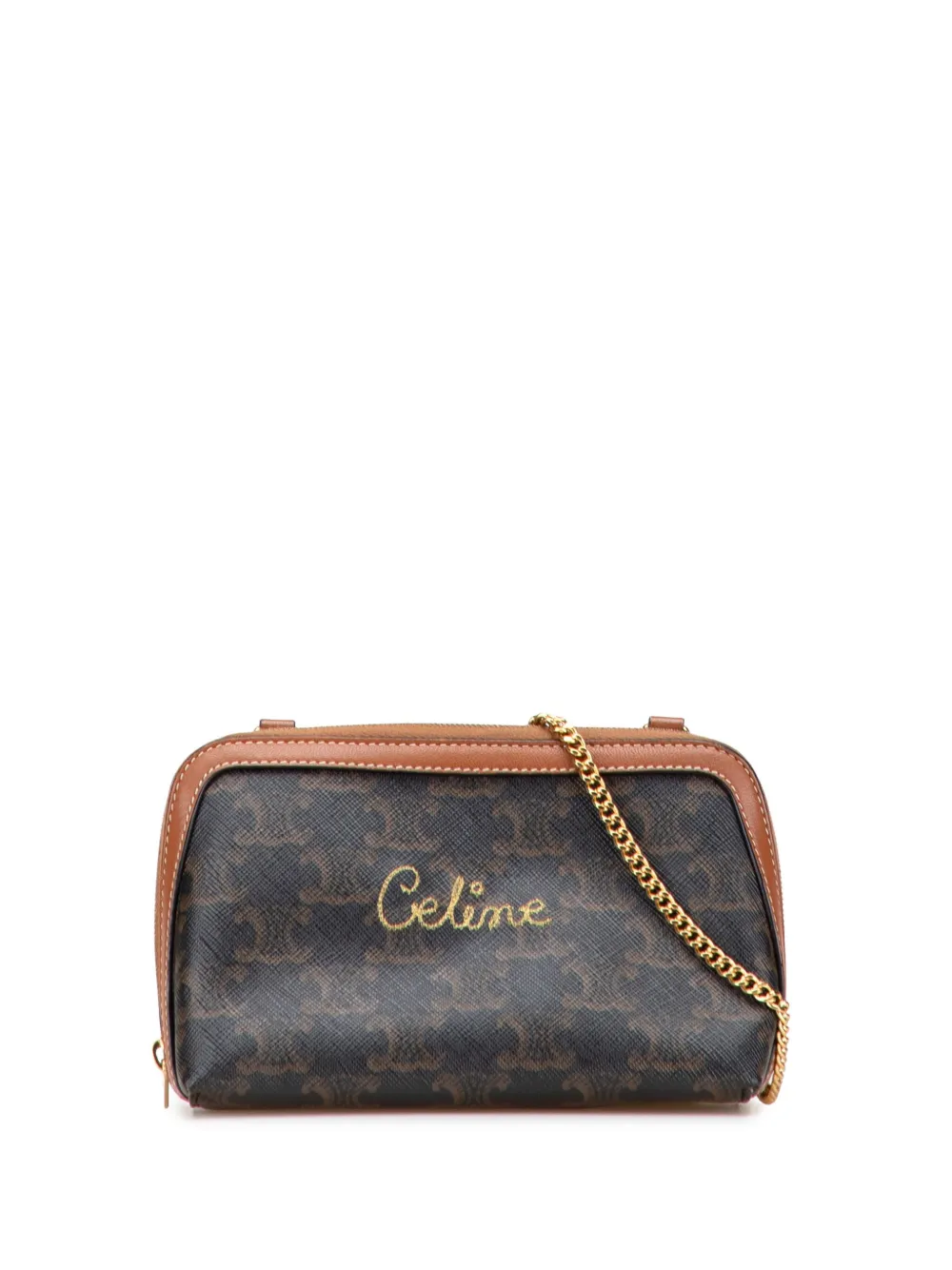 Celine Pre-Owned 2020 Triomphe Coated Canvas Embroidered Logo Clutch On Chain crossbody bag | Brown | Image 1