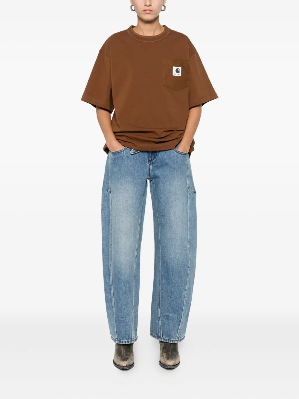 Sacai Logo-patch T-shirt In Brown