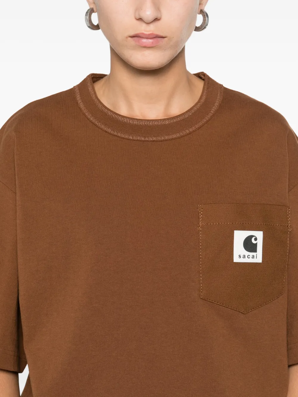 Sacai Logo-patch T-shirt In Brown