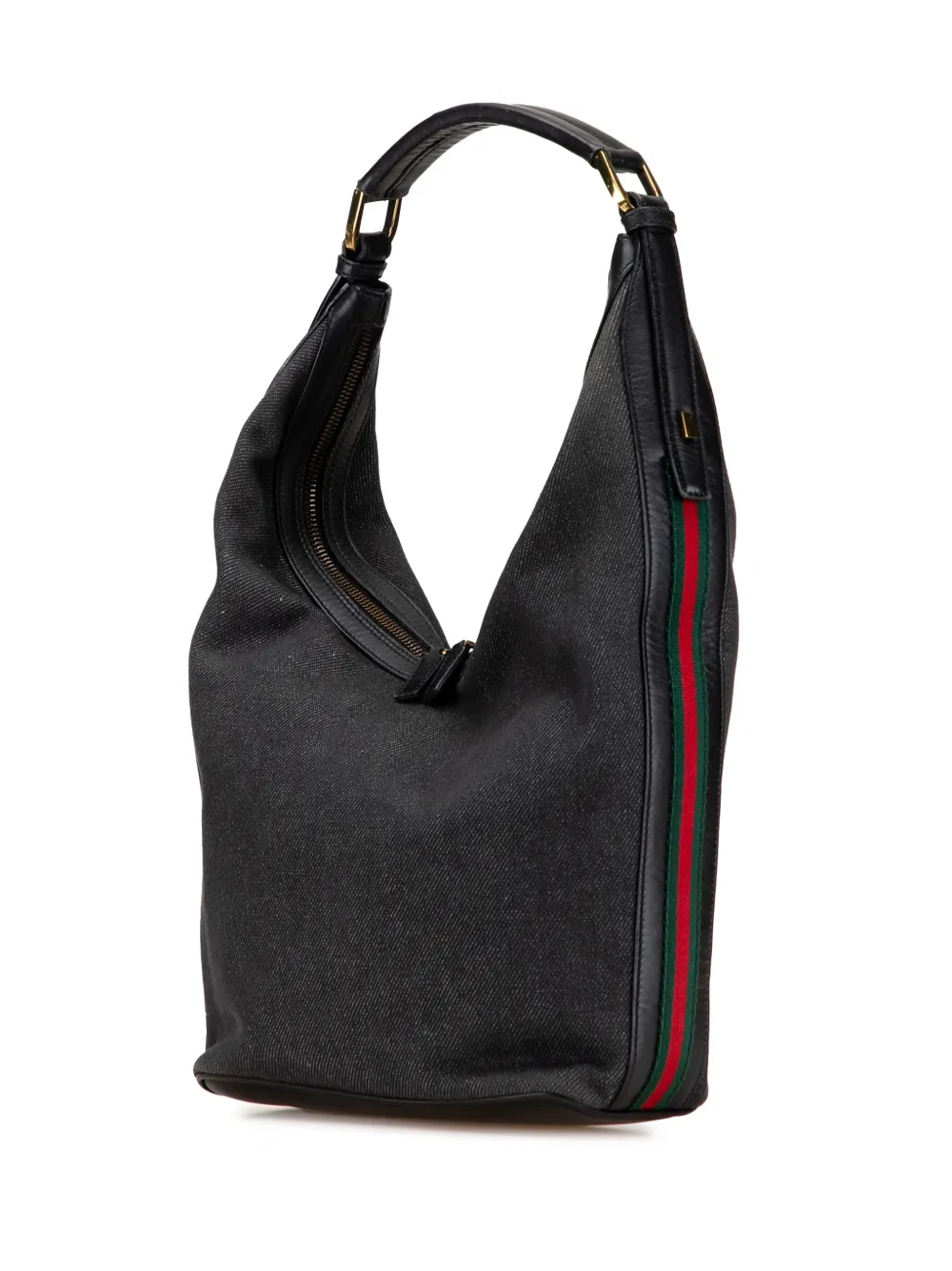 Pre-owned Gucci 2000-2015 Denim Web Shoulder Bag In Black