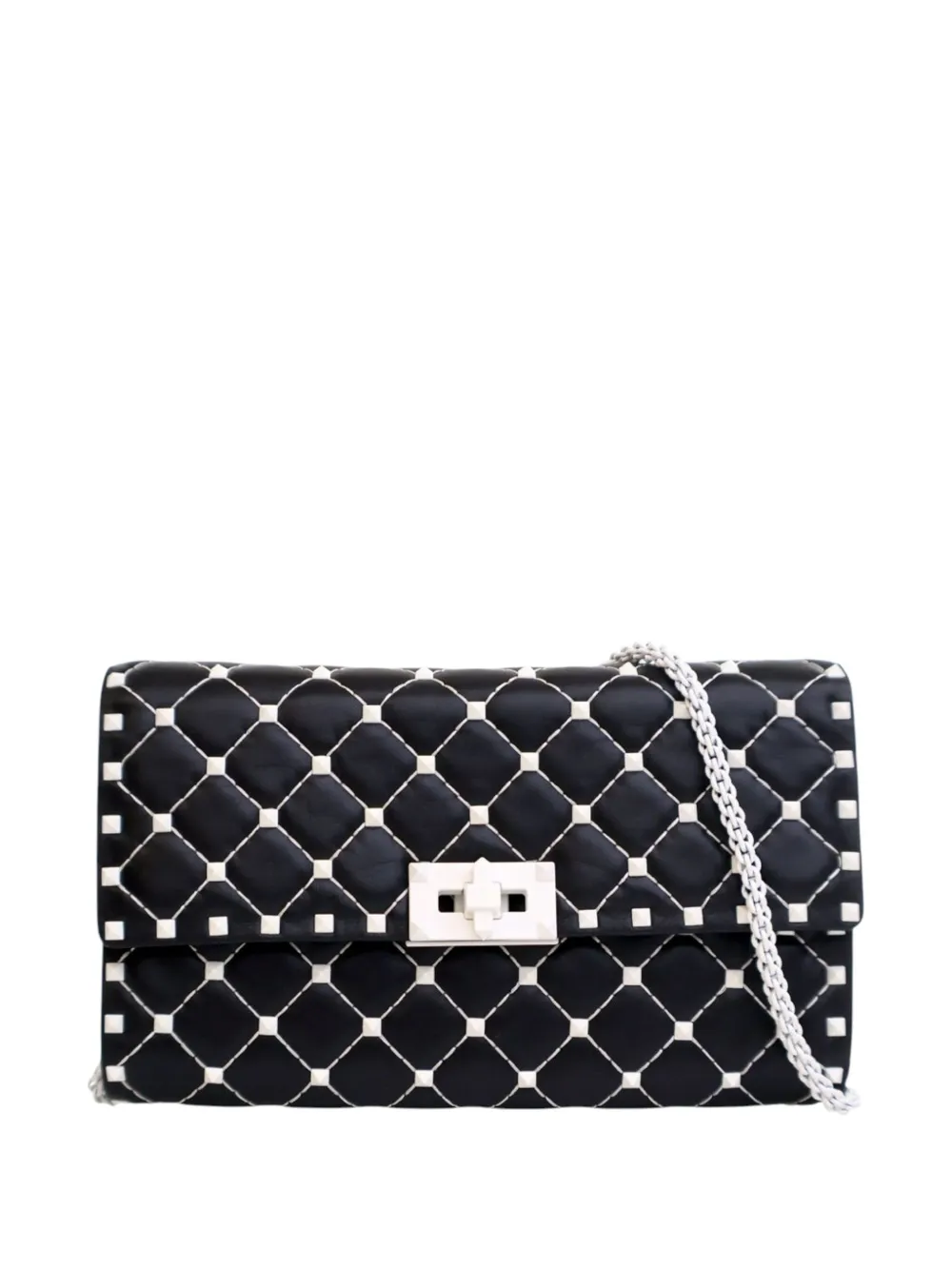Pre-owned Valentino Garavani 2000-2017 Quilted Lambskin Free Rockstud Spike Wallet On Chain Crossbody Bag In Black