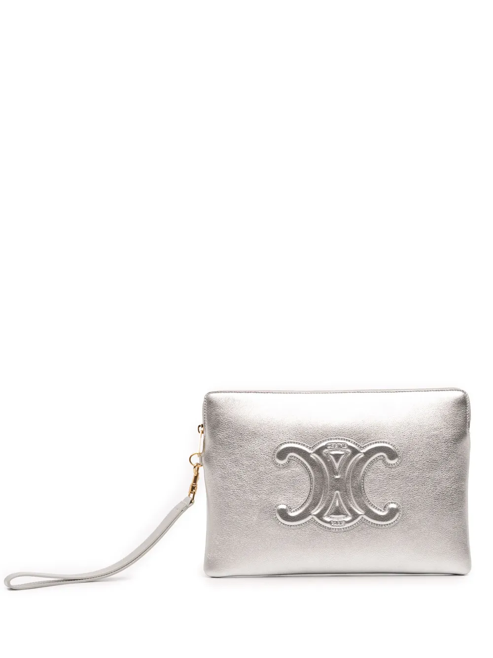 Pre-owned Celine 2020 Small Metallic Leather Cuir Triomphe Pouch In Silver