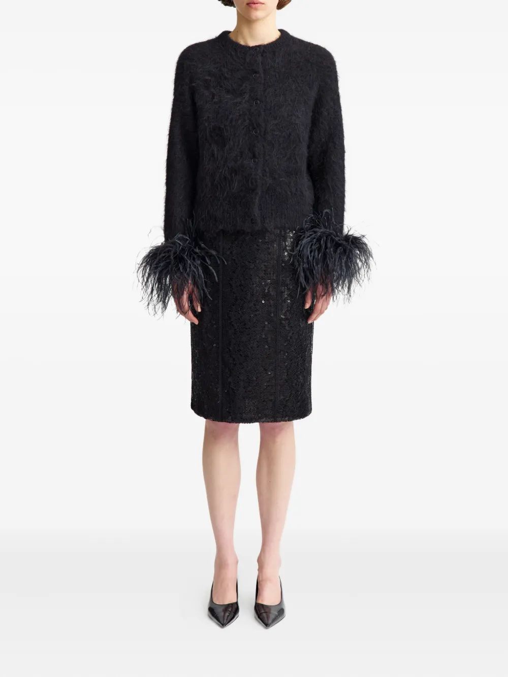 16arlington Feather-trim Alena Cardigan In Black