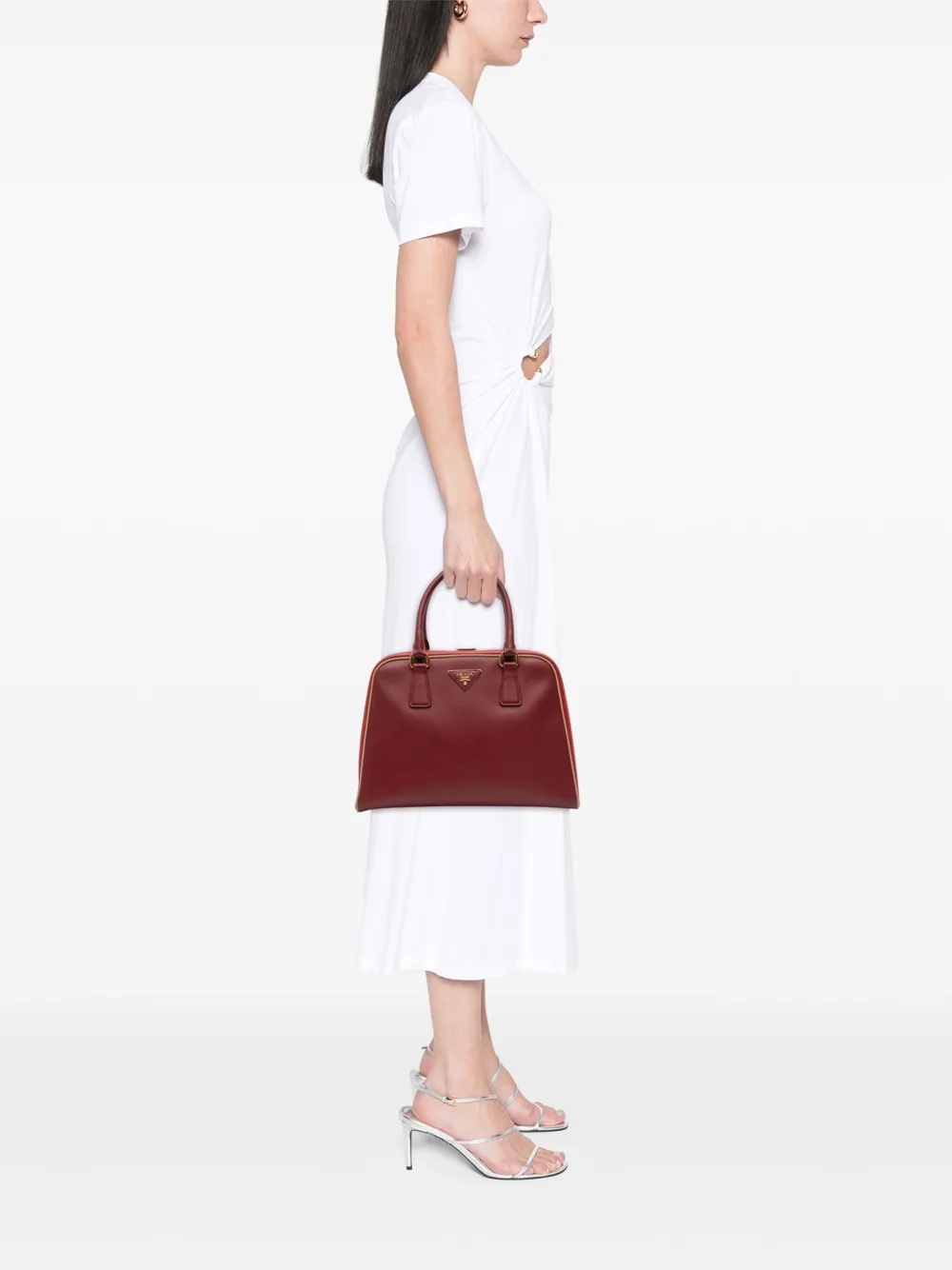 Pre-owned Prada 2000-2025 Saffiano Lux Pyramid Frame Top Handle Bag Handbag In Red