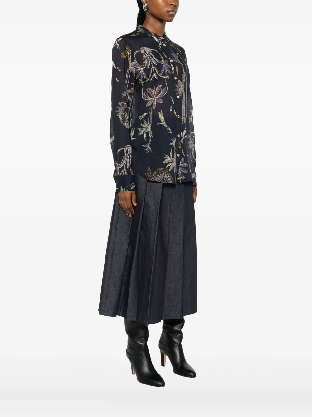 Forte Forte Floral Pattern Blouse With Mandarin Collar In Black