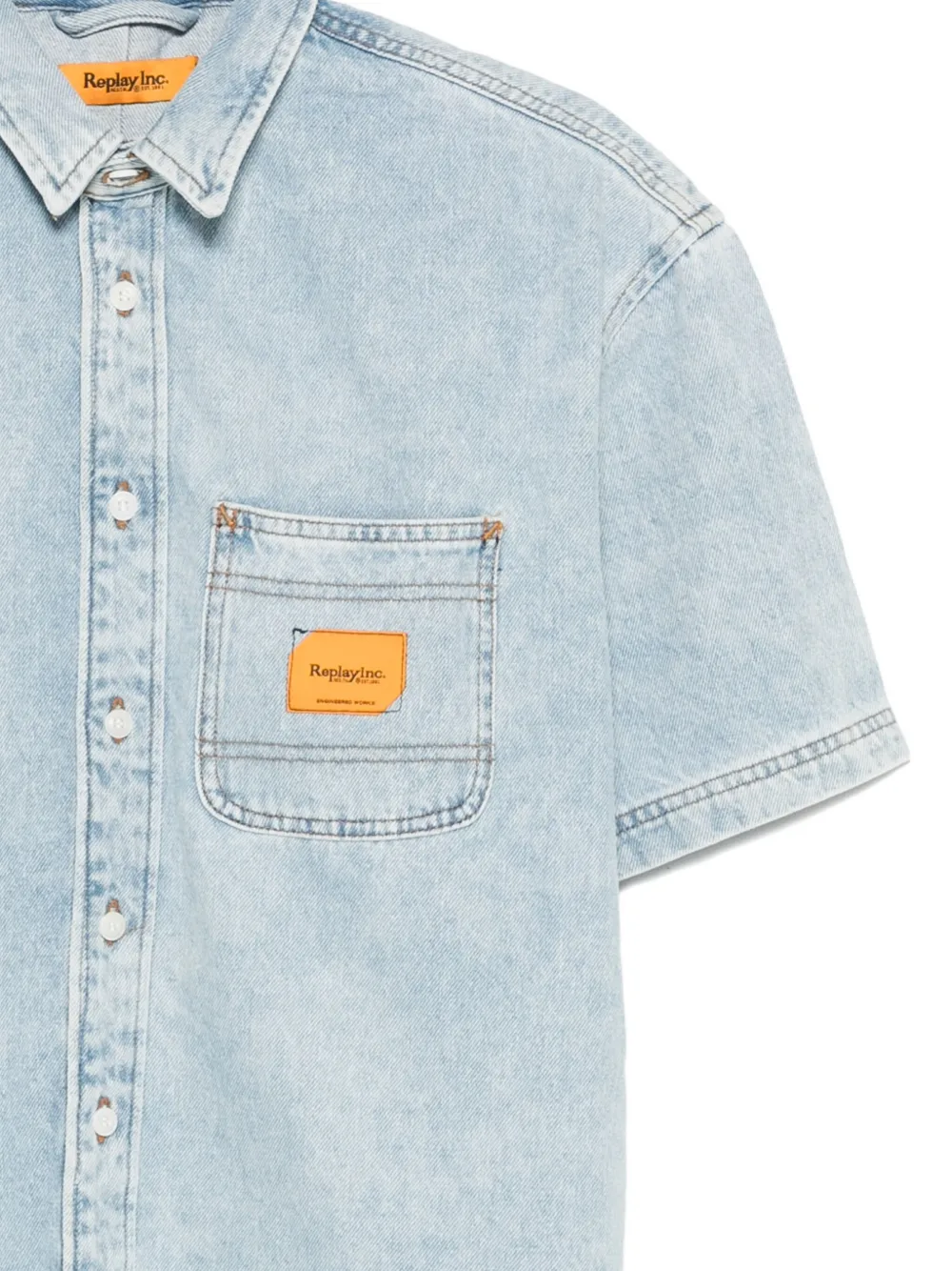 Replay Overhemd met logopatch en korte mouwen Blauw