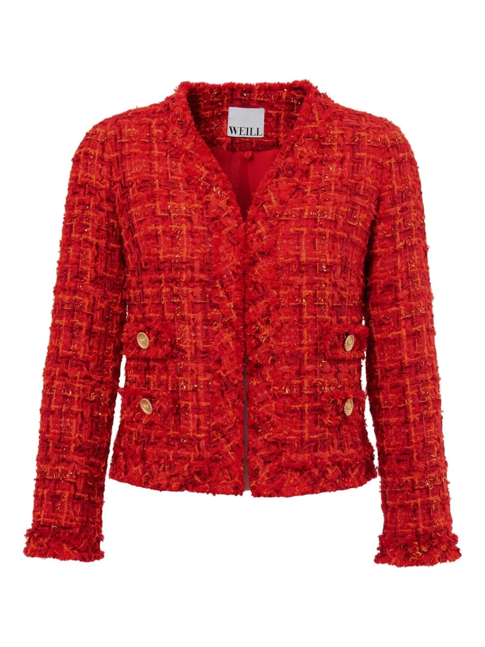 WEILL PARIS v-neck fringed tweed jacket | Red | Image 1