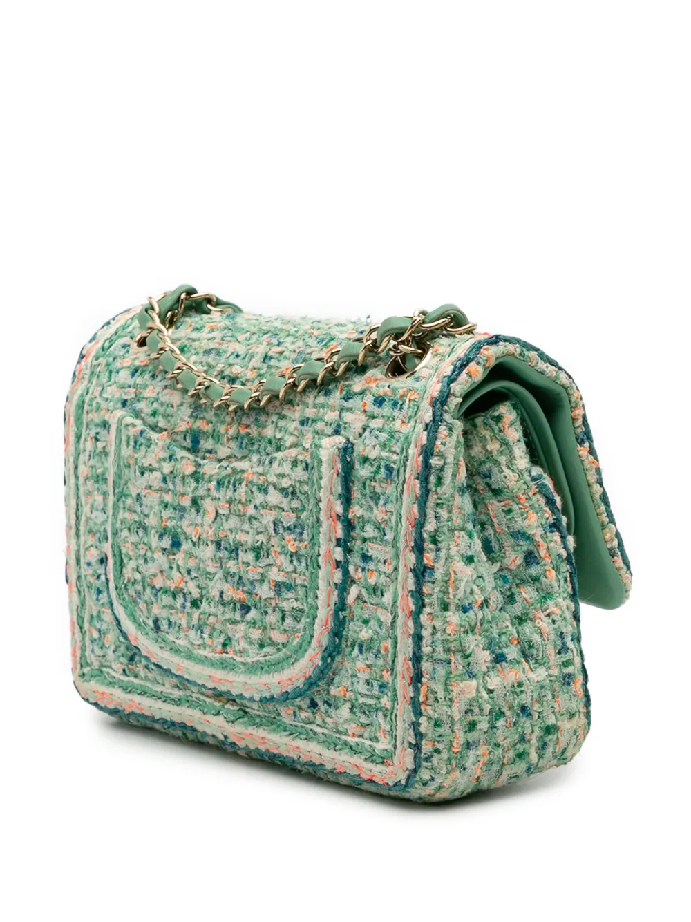 Pre-owned Chanel 2019 Medium Classic Quilted Tweed Braided Double Flap Shoulder Bag In Green