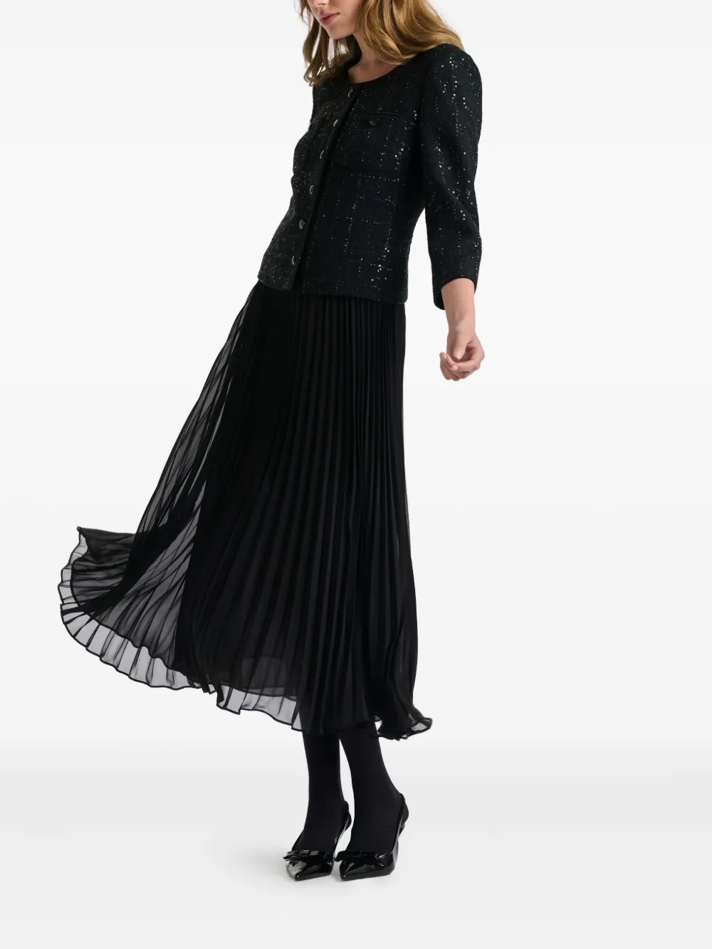 Weill Paris Midi Bi-material Pleated Dress In Black
