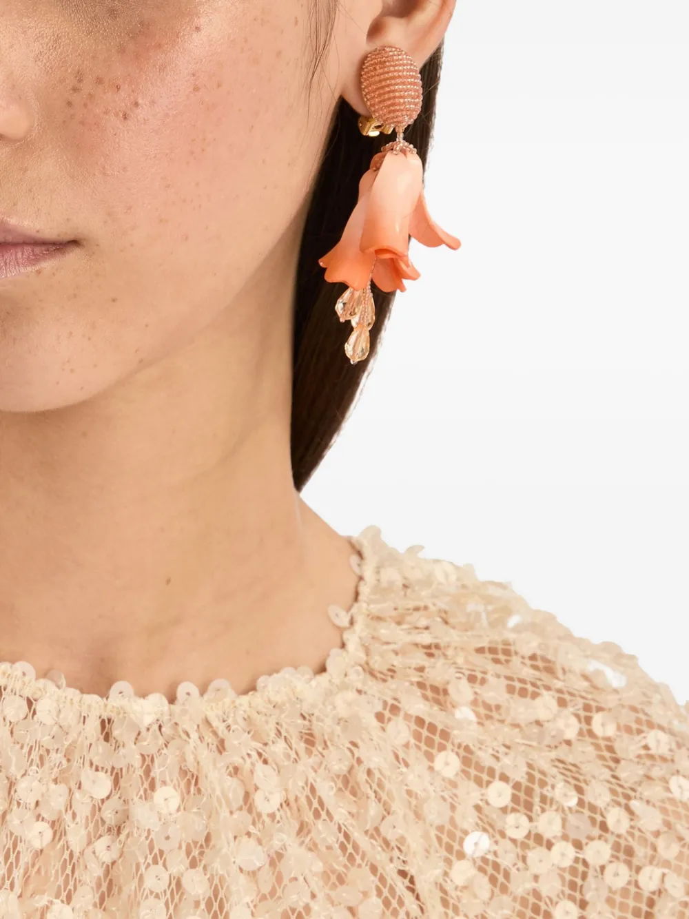 Oscar de la Renta Oorbellen met kralen en bloemen - Oranje