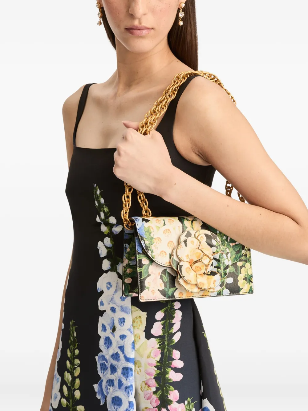 Oscar De La Renta Tro Floral-appliqué Chain Shoulder Bag In Green