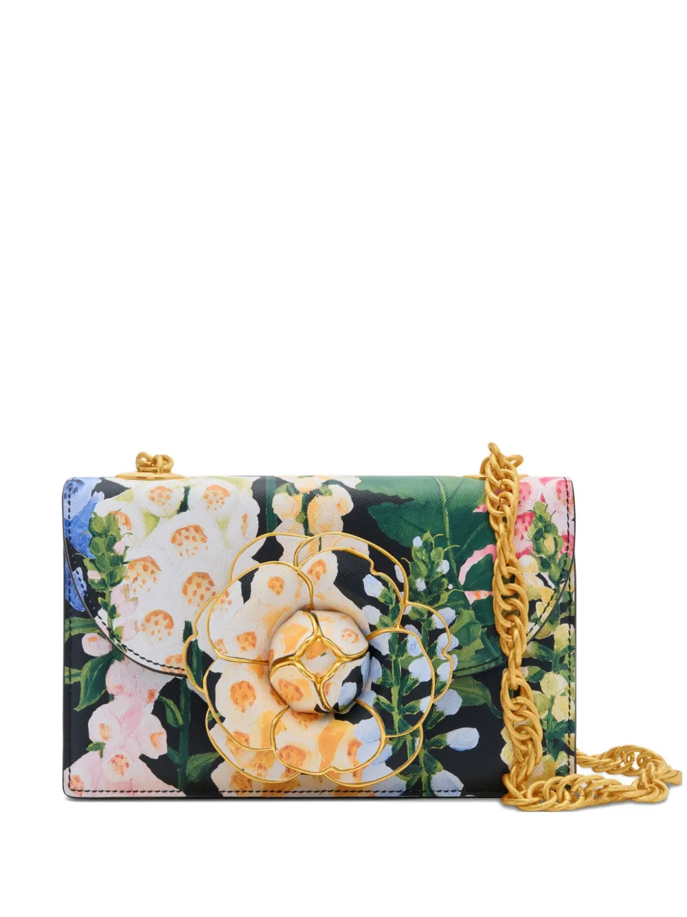 Oscar De La Renta Tro Floral-appliqué Chain Shoulder Bag In Green