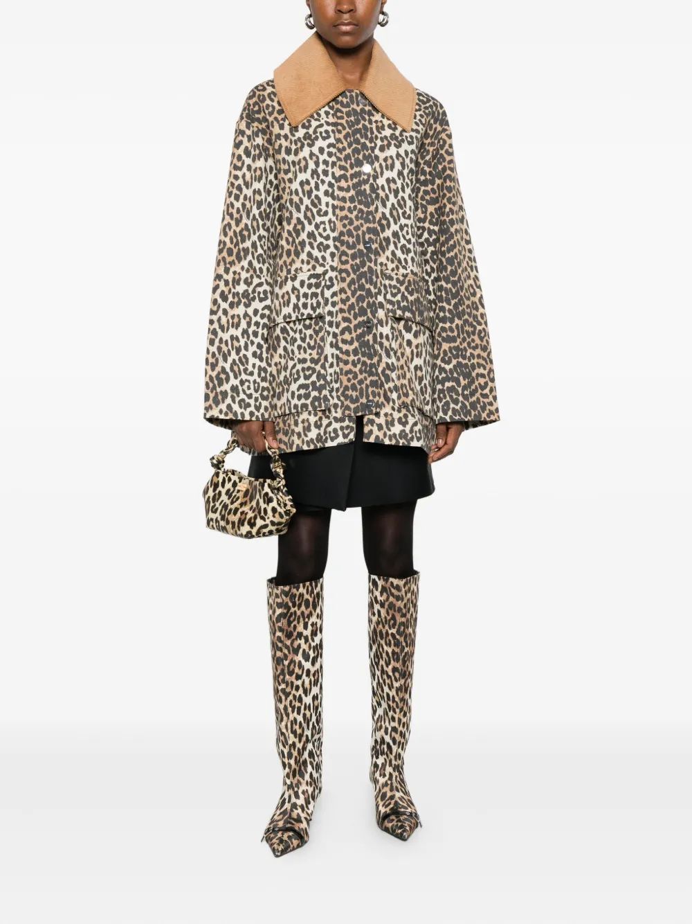 GANNI corduroy-collar leopard-print coat - Bruin