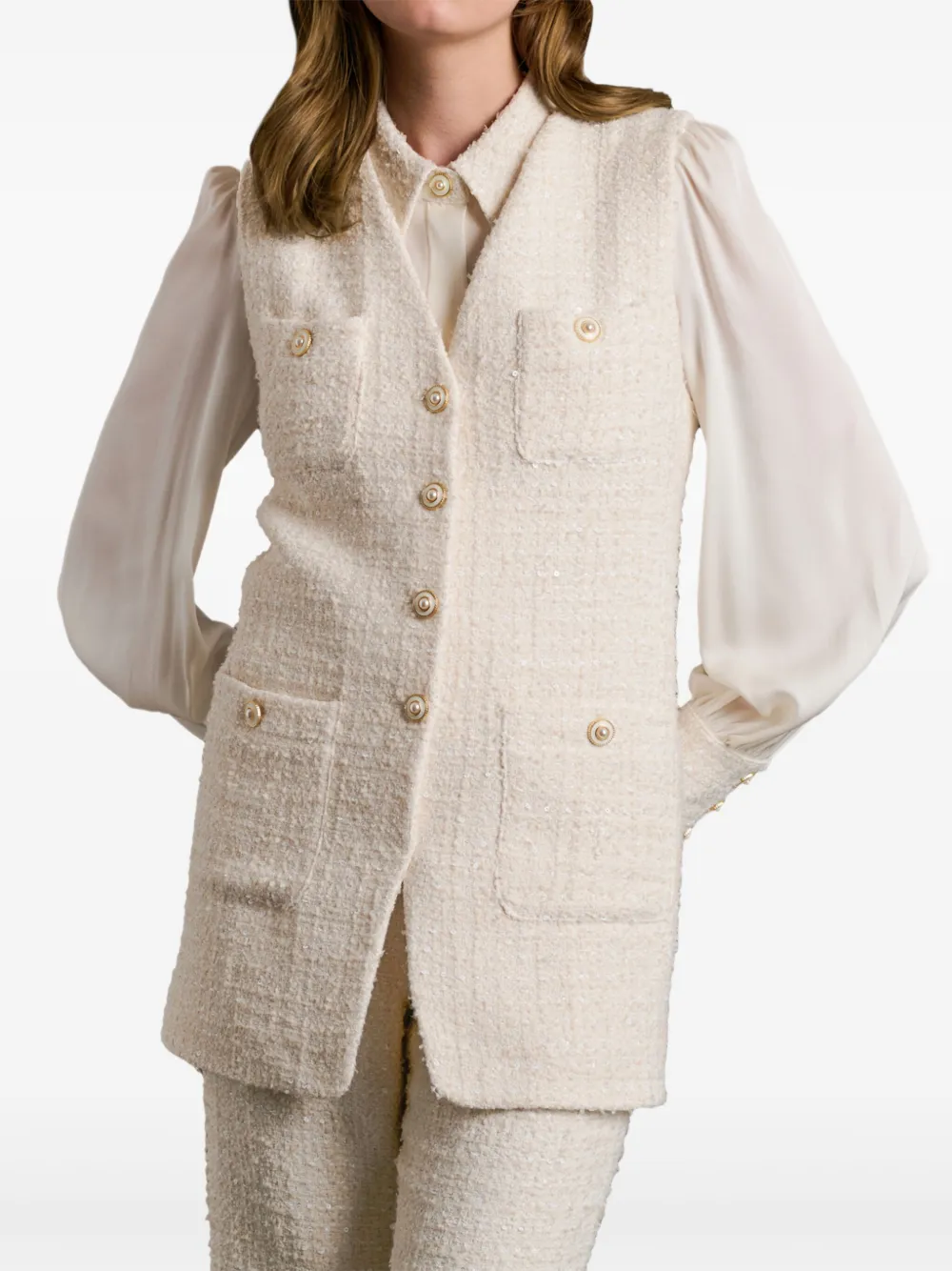 Weill Paris Tweed Button Sleeveless Gilet In Neutral