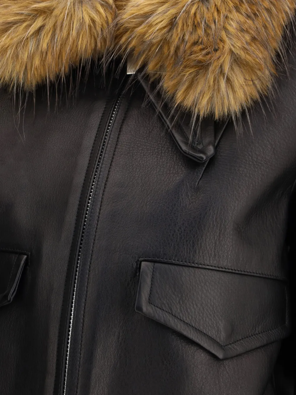 Sacai Leather Jacket With A Plush Collar In Black
