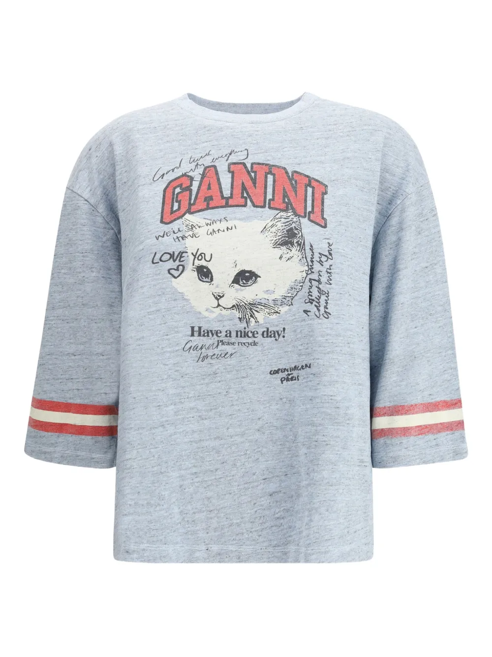 GANNI print striped sleeve T-shirt | Blue | Image 1