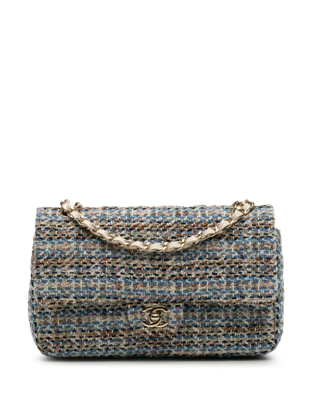 Pre-owned Chanel 2019 Medium Classic Multicolor Tweed Double Flap Shoulder Bag In White