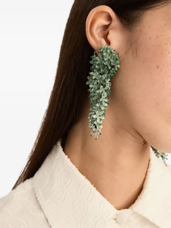 Boucles D'oreilles Pendantes Oscar De La Renta - Grande Fleur émaillée Verte, Plaqué Or - Neuf Sans Boîte