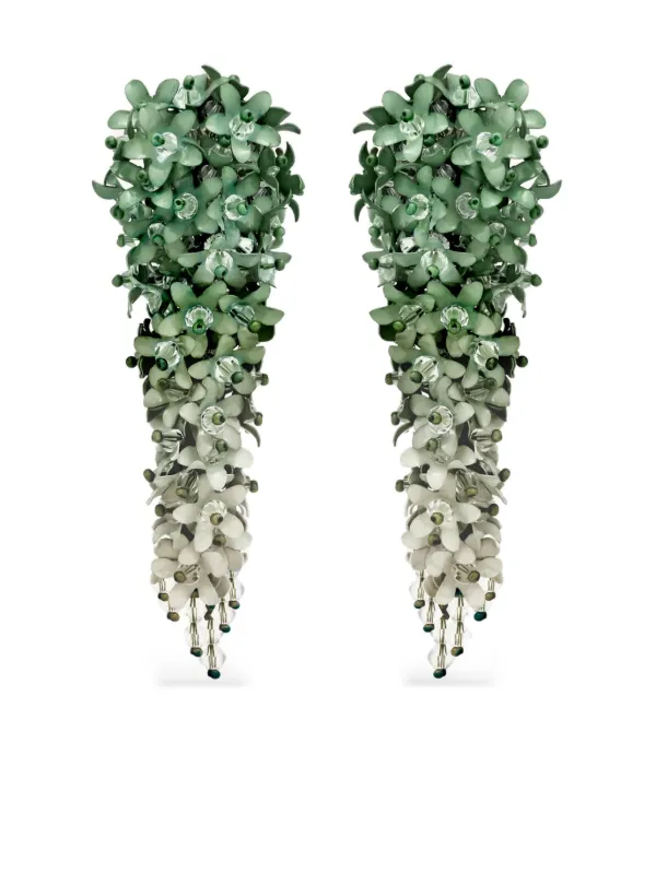 Boucles D'oreilles Oscar De La Renta - Grande Fleur émaillée Verte, Pendantes, Plaqué Or - Neuf Sans Boîte