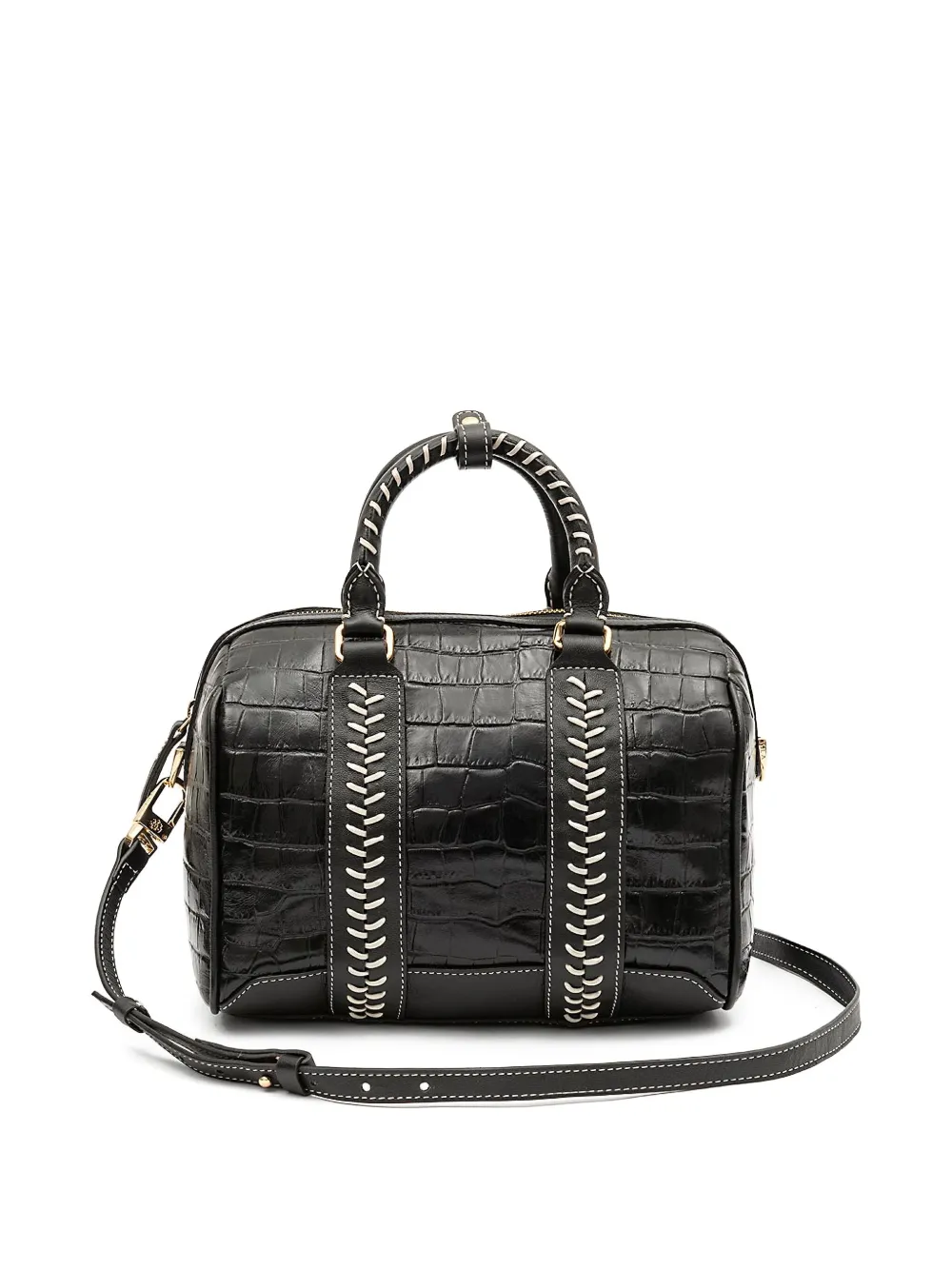 Isla Maia Bowling schoudertas met krokodillen-reliëf en handgreep Zwart