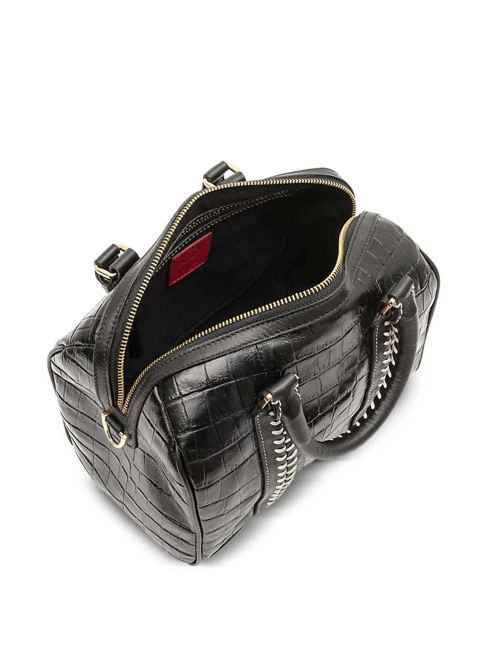 Isla Maia Bowling schoudertas met krokodillen-reliëf en handgreep Zwart