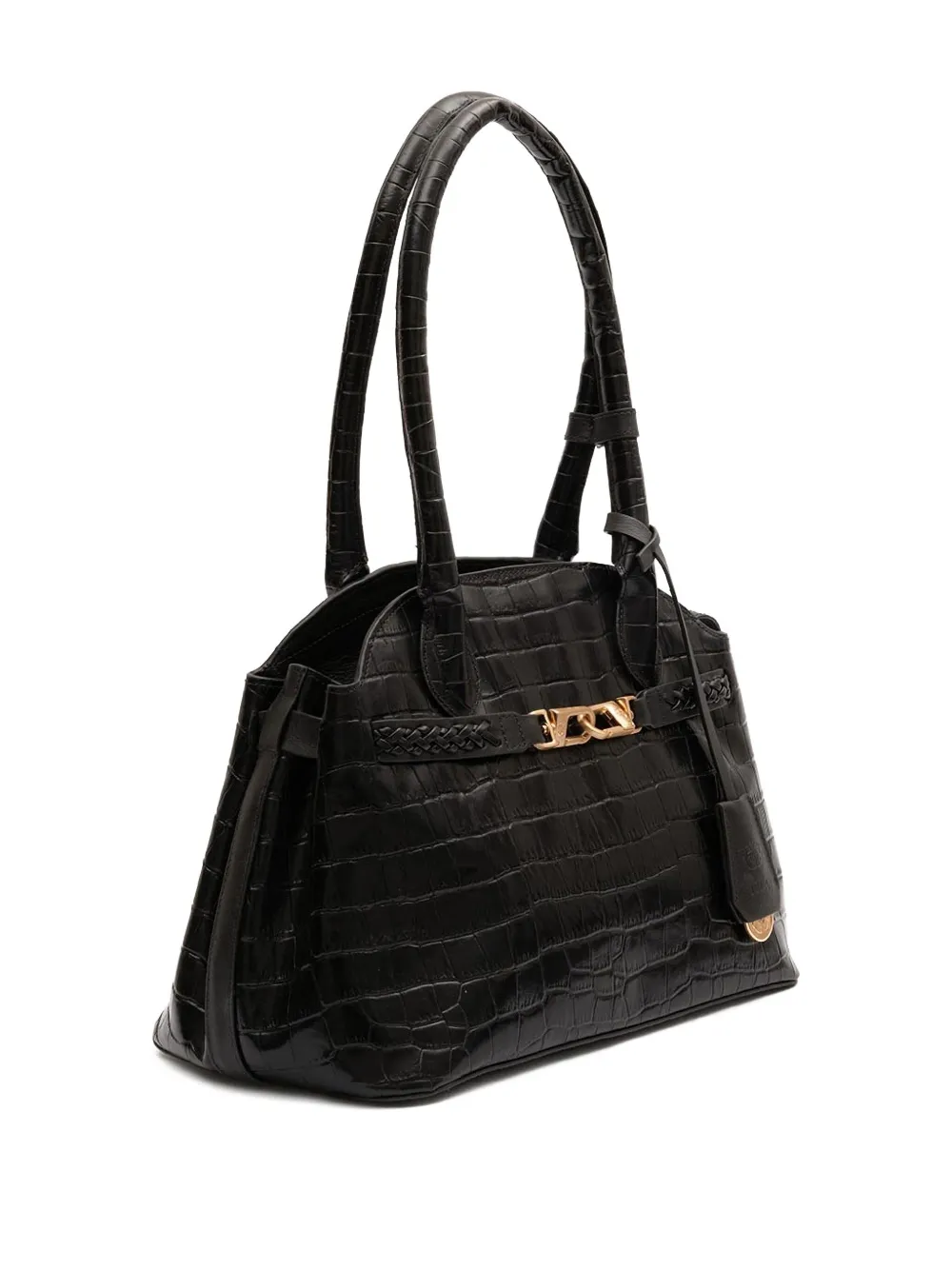 &isla Gaia Croc-embossed Braided Shoulder Bag In Black
