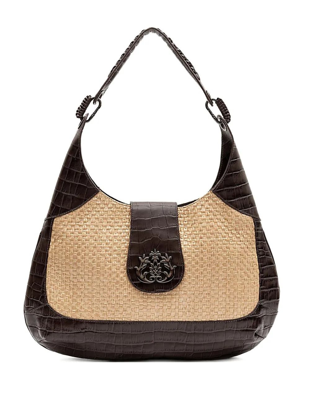 &isla Moon Croc-embossed Woven Shoulder Bag In Neutral