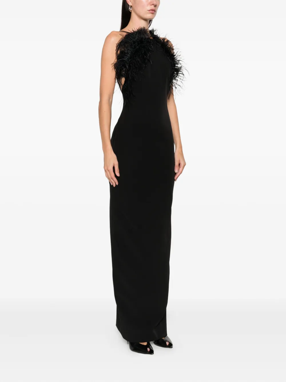 Attico Feather Trim Maxi Dress In Black
