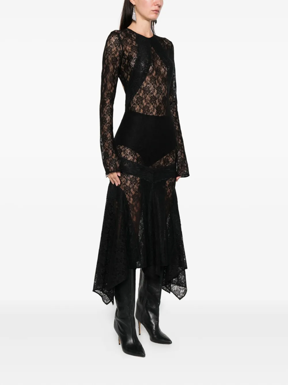 Attico Lace Asymmetric-hem Midi Dress In Black