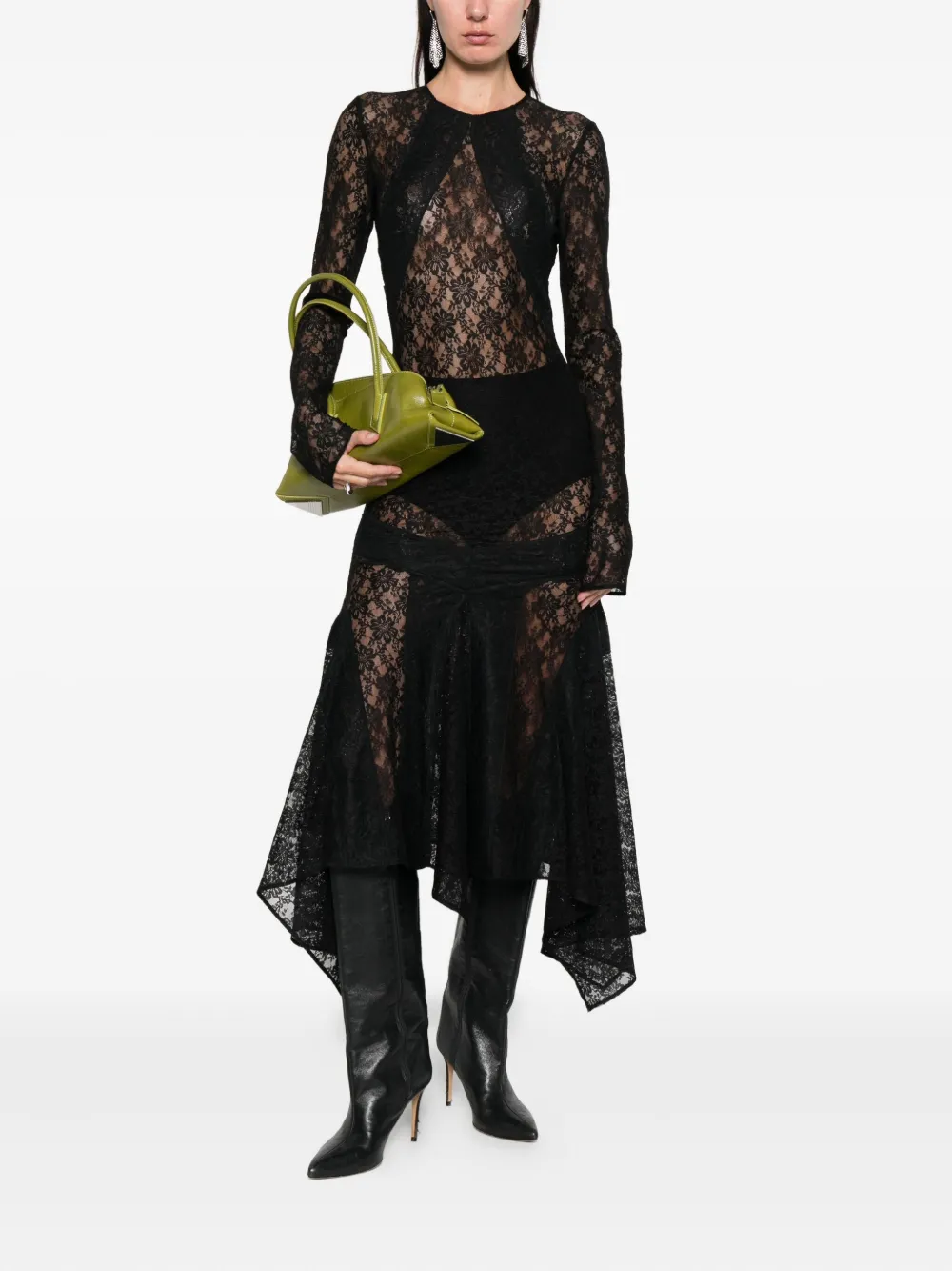 The Attico Asymmetrische midi-jurk met kant - Zwart