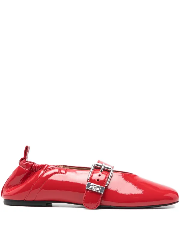 Ganni Buckled Ballet Flats in Red