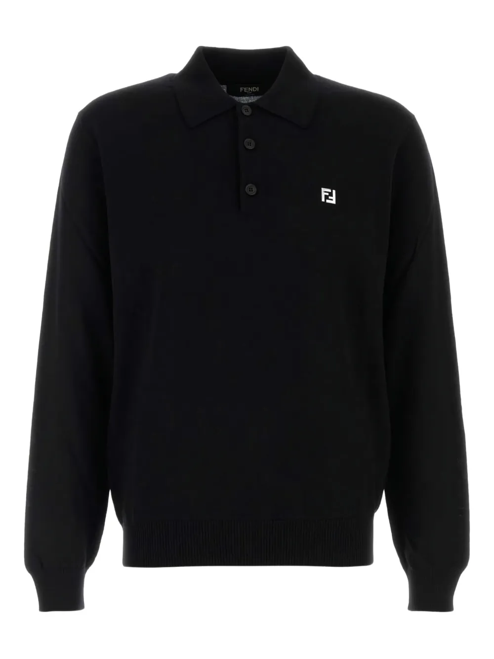 Fendi Stretch Wool Polo Shirt With Ribbed Cuffs And Hem In Black