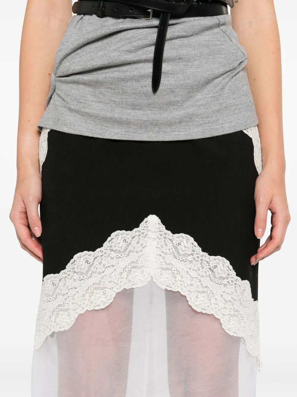 Jil Sander Asymmetric Lace Wool Skirt With Sheer Overlay In Black