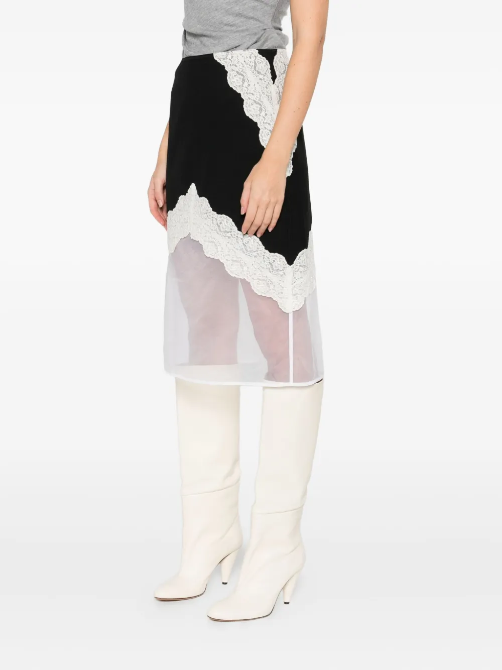 Jil Sander Asymmetric Lace Wool Skirt With Sheer Overlay In Black
