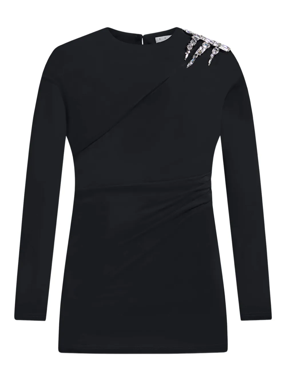 Area Crystal Cluster Draped Long Sleeve Jersey Minidress In Black